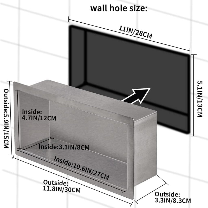 Skelang Badezimmer-Regal, Dusche, Einbau-Dusche, Edelstahl, 15 × 30 cm, Masse des Wandlochs: 13 × 28