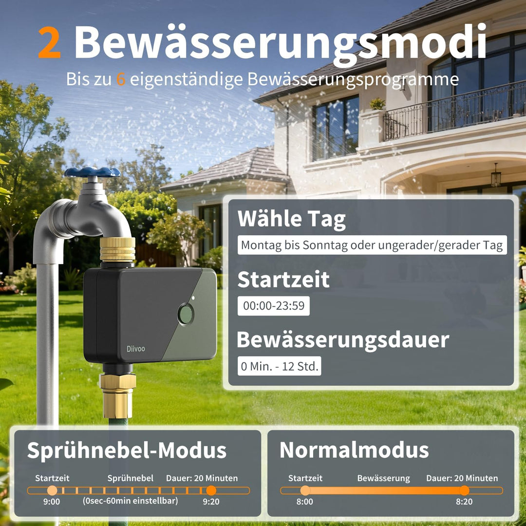 Diivoo Bewässerungscomputer WLAN für Gärten, Wasser-Zeitschaltuhr, Bewässerung mit App & 6 Bewässeru