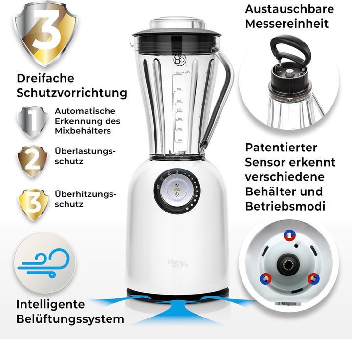 bianco di puro Hochleistungsmixer Attivo bis 24.500 U/Min Smoothie Maker inkl. Sport-To-Go Mixbecher