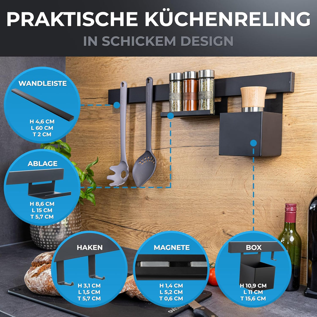 Küchenreling Starterset Orléans | schwarz | inkl. Hängeelemente | pulverbeschichteter Edelstahl | zu