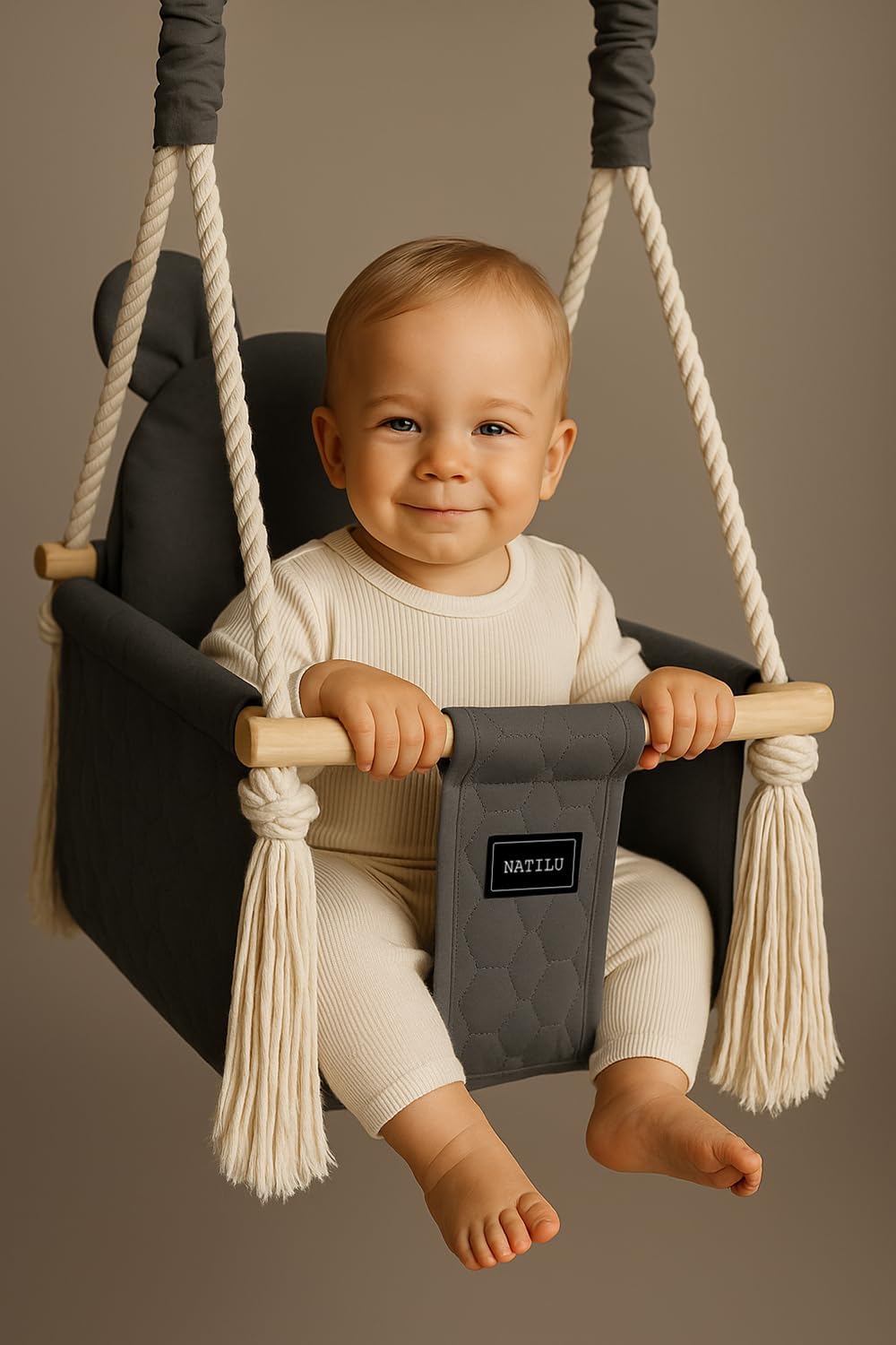 NATILU® Babyschaukel Set Indoor Outdoor | Bär Quilted Graphite | Schaukel | Kinderschaukel | Kinderg