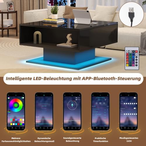 Merax Couchtisch Höhenverstellbar 80x77x40 cm – Moderner Wohnzimmertisch mit LED, verstecktem Staura