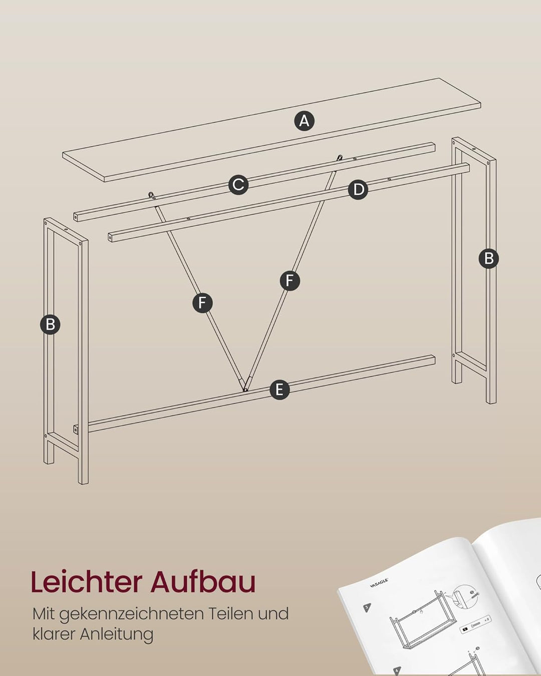 VASAGLE Konsolentisch, Flurtisch schmal, Sofatisch, Beistelltisch für Wohnzimmer, Flur, Eingangsbere