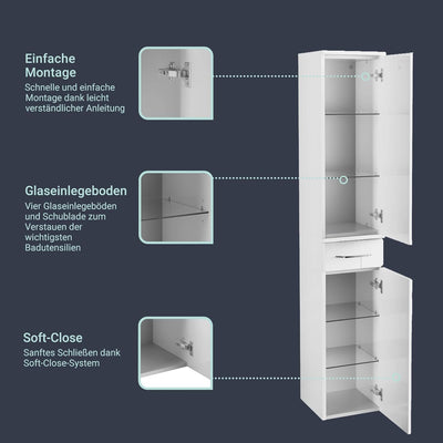 FACKELMANN Milano Hochschrank mit 2 Türen und 1 Schublade – Schrank fürs Badezimmer (30,5 cm x 165,5