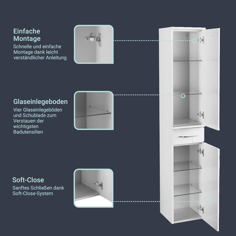 FACKELMANN Milano Hochschrank mit 2 Türen und 1 Schublade – Schrank fürs Badezimmer (30,5 cm x 165,5