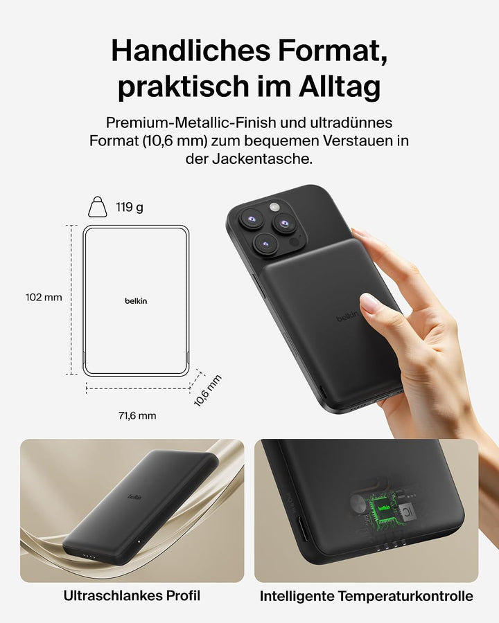 Belkin BoostCharge 5000mAh Magnetische Power Bank, USB-C-Port – Schwarz | 5K Powerbank Kabellos, Mag