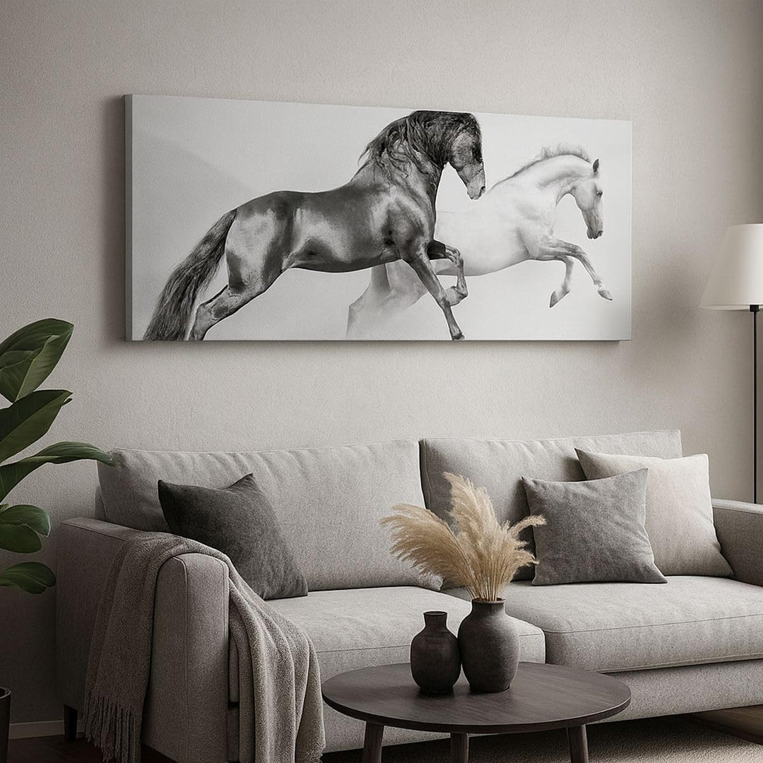 Wandbilder Dekoration Wohnzimmer Pferde Tiere Galopp Wiese Panorama Bilder auf Leinwand 120x50cm Lei