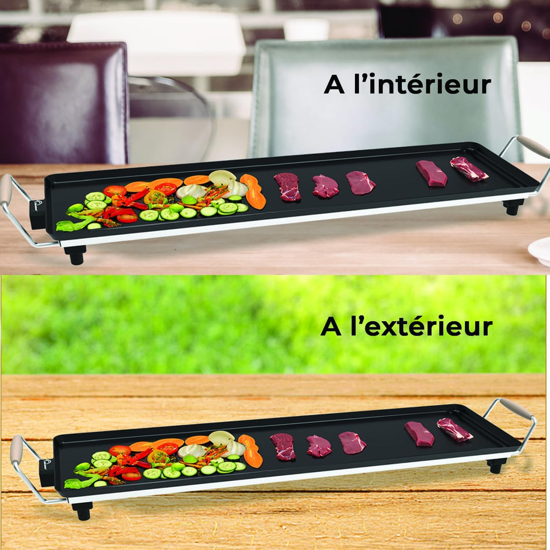 LITTLE BALANCE 8742 Wood 90 Grillplatte mit Holzgriffen, 2000 W, 90 cm 90 x 23 cm Schwarz, 90 x 23 c