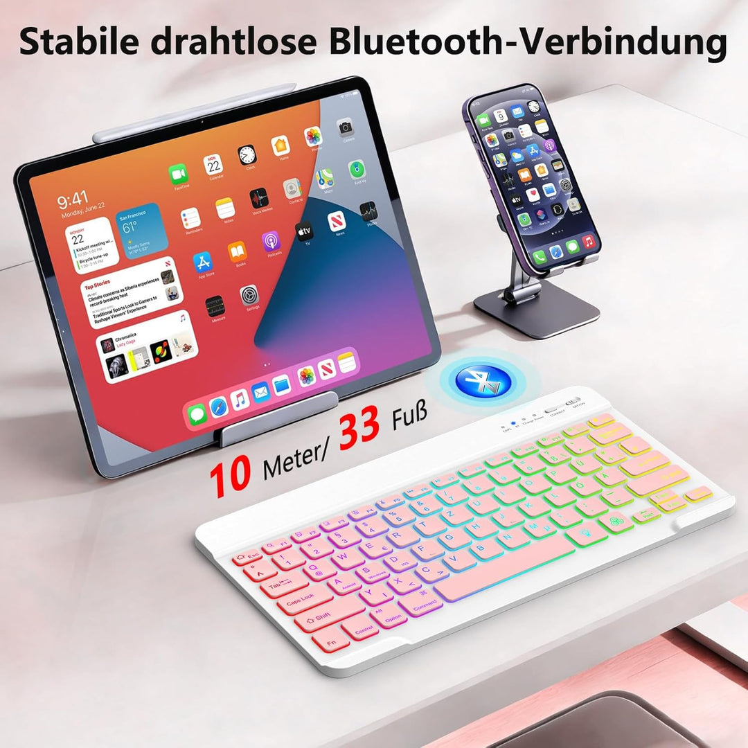 Bluetooth Tastatur – Kompatibel mit iOS, Android & Windows, für iPhone, iPad, Samsung & Co. | iPad T