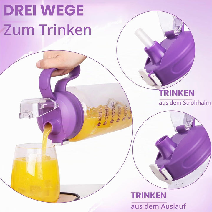 2l Trinkflasche Glas mit Strohhalm &amp; Zeitmarkierung 2 liter Grosse Motivation Glasflasche mit Uhrzei