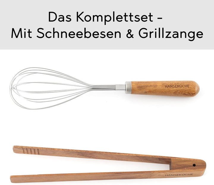 Küchenhelfer Set aus Holz - Grillzange, Schneebesen, Pfannenwender, Holzlöffel und Nudelschöpfer 9 t