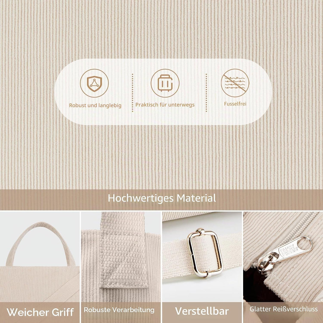 KALIDI Cord Tasche Umhängetasche Damen mit Reissverschluss, Handtasche Schultertasche Shopper für Sc