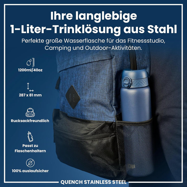 Ion8 1 Liter Edelstahl Trinkflasche, Auslaufsicher, Einhandöffnung, Sichere Verriegelung, Spülmaschi