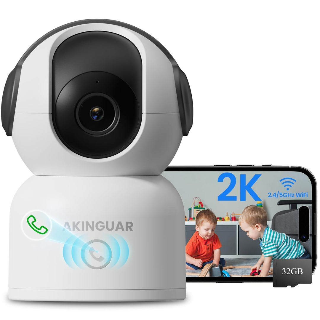 2K 3MP Überwachungskamera Innen, 2,4/5GHz WiFi,360° PT Innenkamera mit 32GB Karte,mit IR Nachtsicht,