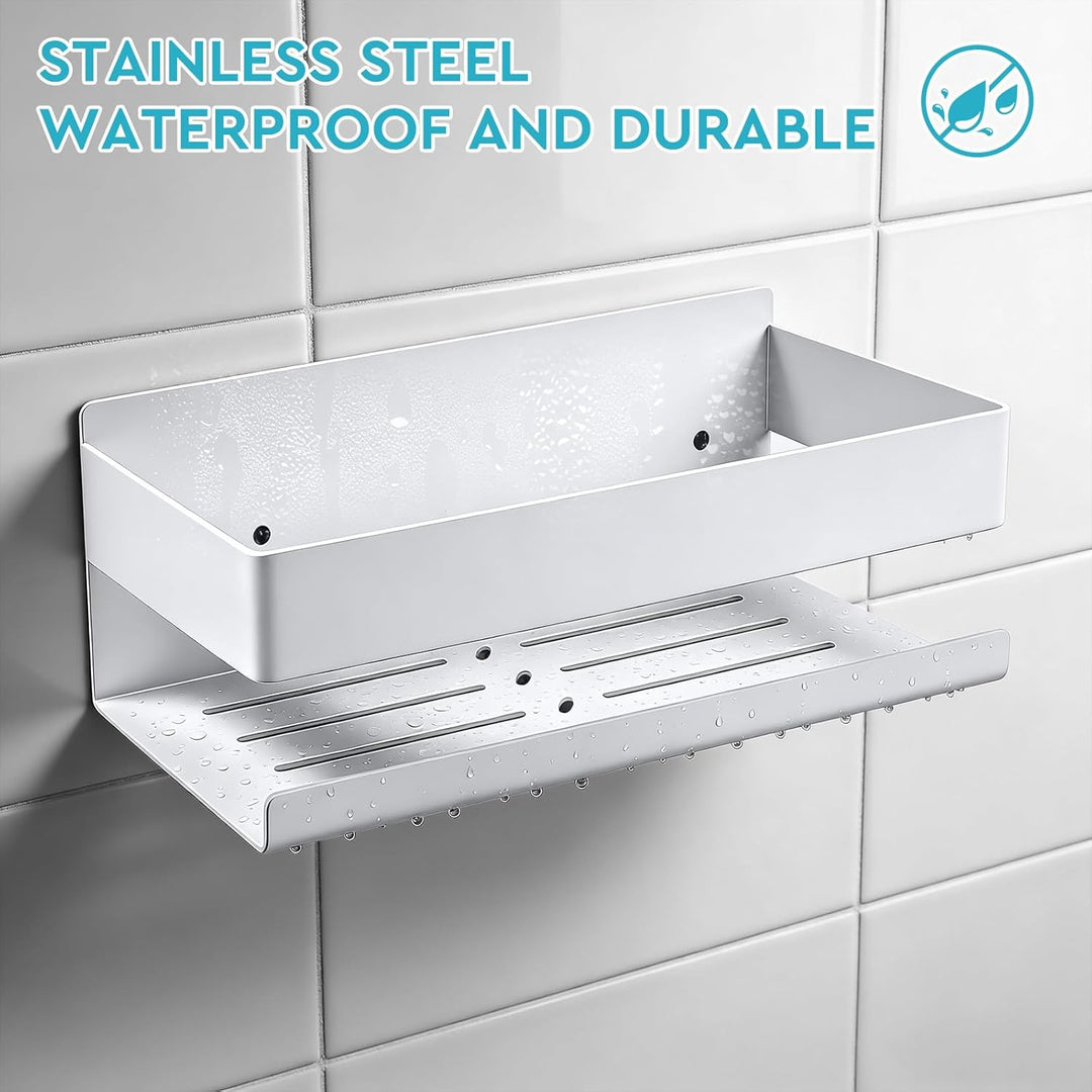 EXLECO Hoch Weiss Duschablage Ohne Bohren Duschregal Wand 23CM Edelstahl Badregal mit 4 Haken Duschk