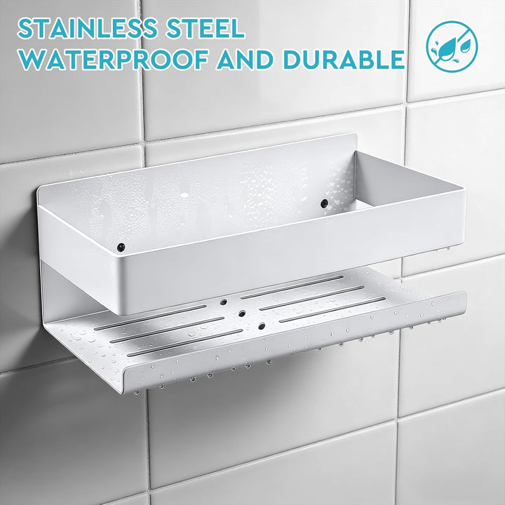 EXLECO Hoch Weiss Duschablage Ohne Bohren Duschregal Wand 23CM Edelstahl Badregal mit 4 Haken Duschk