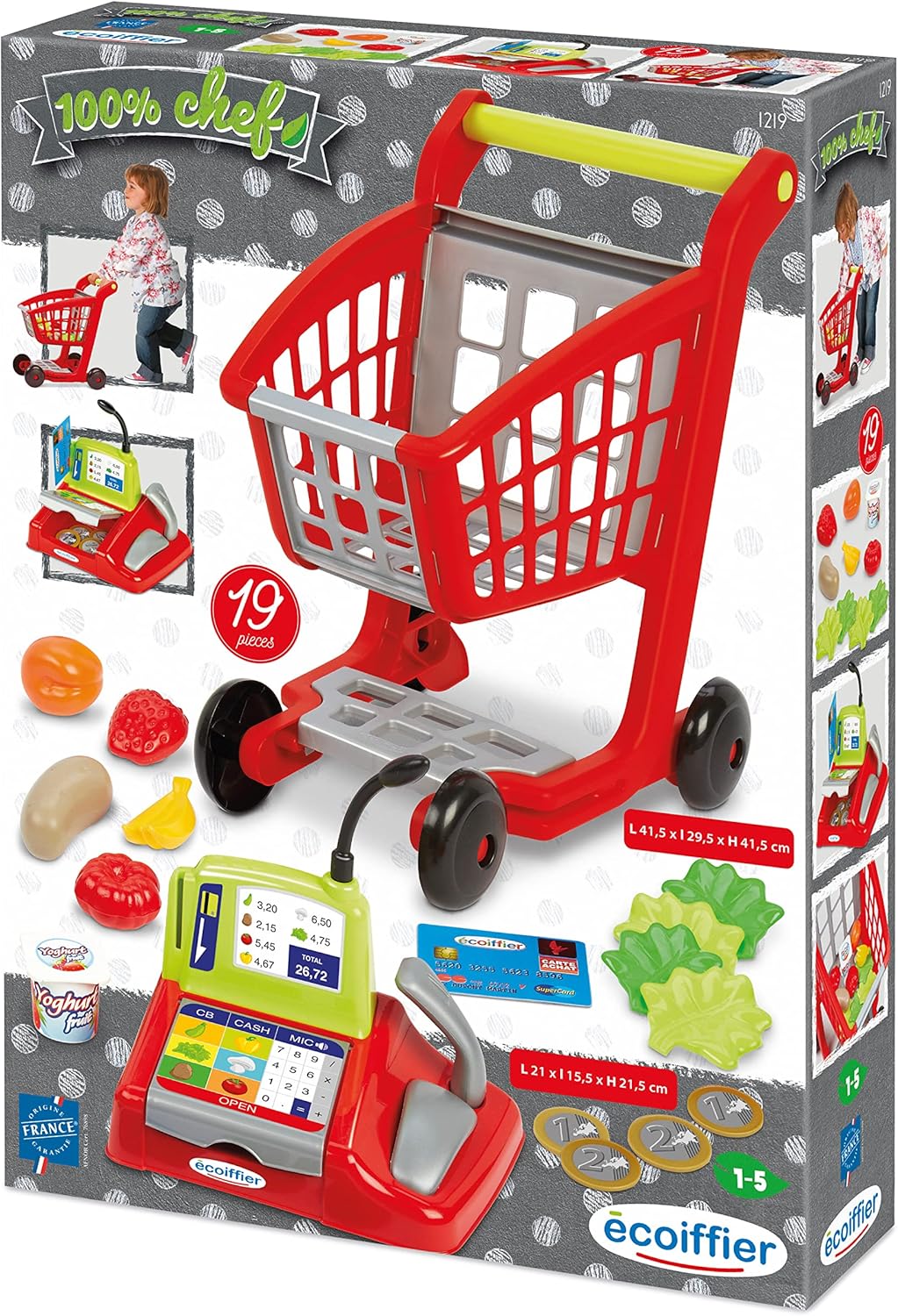 Ecoiffier Spielzeug - 1219 - Einkaufskorb für Kinder + Registrierkasse + Zubehör - 100% Chef - Ab 18