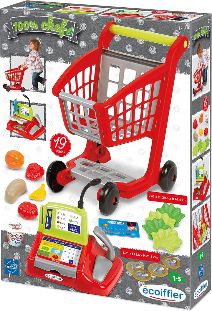Ecoiffier Spielzeug - 1219 - Einkaufskorb für Kinder + Registrierkasse + Zubehör - 100% Chef - Ab 18