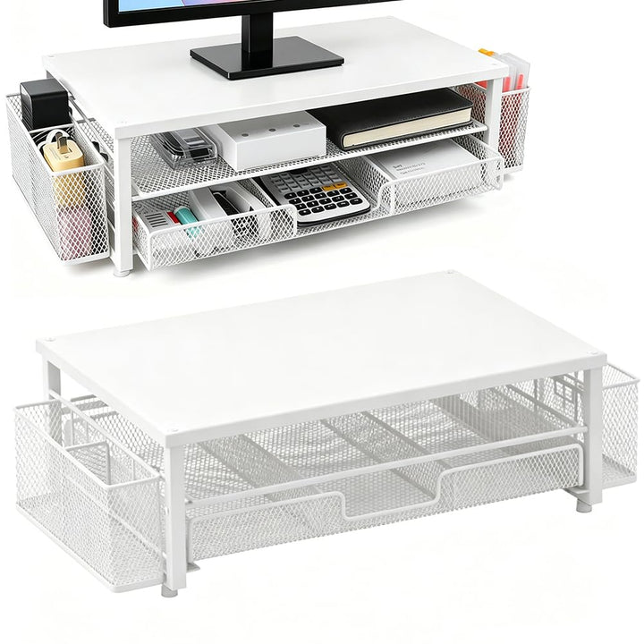 Monitorständer mit Schublade, 2-Stufiger Computer Monitor Erhöhung mit Schublade und 2 Stifthaltern,