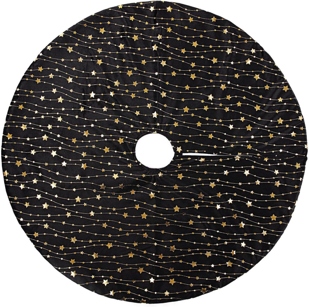 KONVINIT Weihnachtsbaumdecke Rund Schwarz Plüsch Christmasbaumdecke mit Sternen Weihnachtsbaum Rock