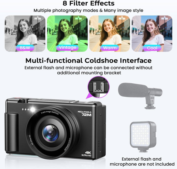 4K Digitalkamera, 72MP Autofokus Digital Kamera 2.8" 270° Klappdisplay Vlogging Kamera für YouTube,