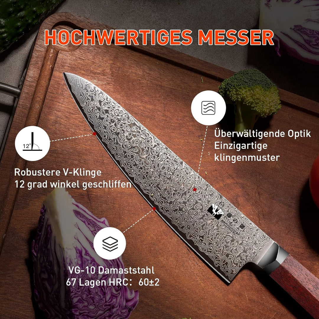 FUJUNI Kochmesser Damastmesser Mit Extrem Scharf 20cm Klinge Aus 67 Lagen Vg-10 Damaststahl Küchenme