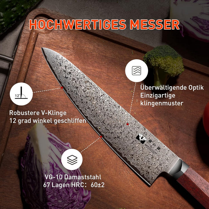 FUJUNI Kochmesser Damastmesser Mit Extrem Scharf 20cm Klinge Aus 67 Lagen Vg-10 Damaststahl Küchenme