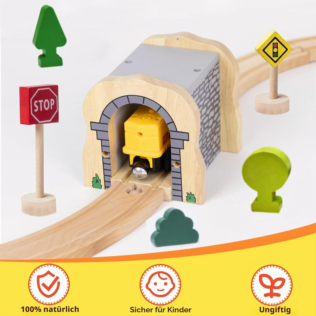 Holzeisenbahn Grauer Tunnel Set mit 2 Kurzen Geraden, Holzeisenbahn Zubehör kompatibel mit führenden