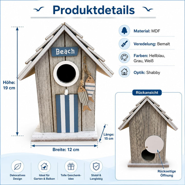 Boltze Vogelhaus Baduna mit Fischen & Beach-Schriftzug, Maritime Deko im Shabby-Look, MDF bemalt, ca