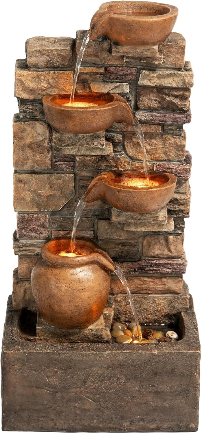 Teamson Home 4 stufiger Steinbrunnen Braun LED Wasserspiel Outdoor, Braun