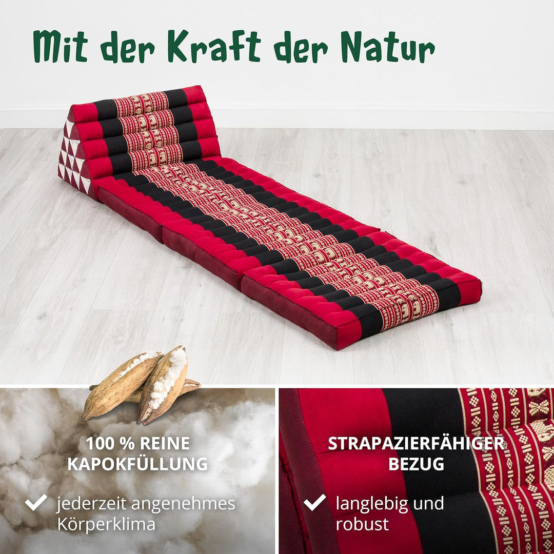 livasia Thaikissen 3 Auflagen extrahoch - 185x55x8cm - Dreieckskissen mit Klappmatratze, Kapok, Jumb