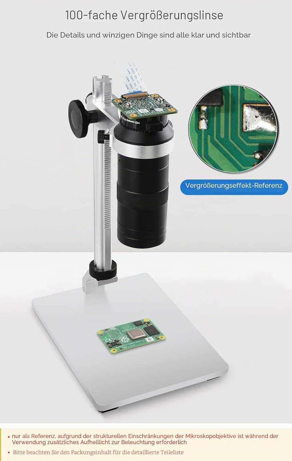 Waveshare Industrial Microscope Lens with 100X Magnification, C/CS-Mount, Compatible with Raspberry