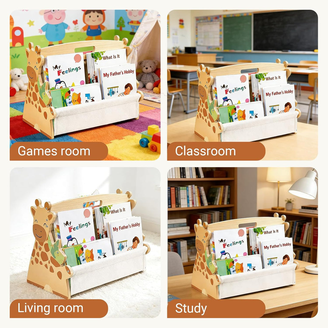 Kinder Bücherregal aus Holz, Montessori Bücherregal mit robusten Canvas-Taschen, tragbar mit Griff,