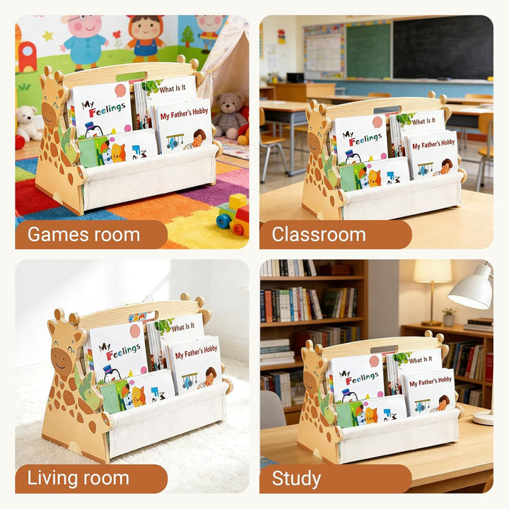 Kinder Bücherregal aus Holz, Montessori Bücherregal mit robusten Canvas-Taschen, tragbar mit Griff,