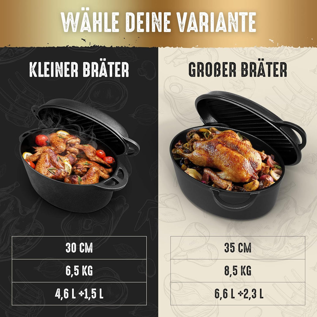 FLAVEMOTION Gusseisen Bräter mit Deckel als Grillpfanne (2in1) 35cm, 9,1L, 8,5kg - Topf, Schmortopf