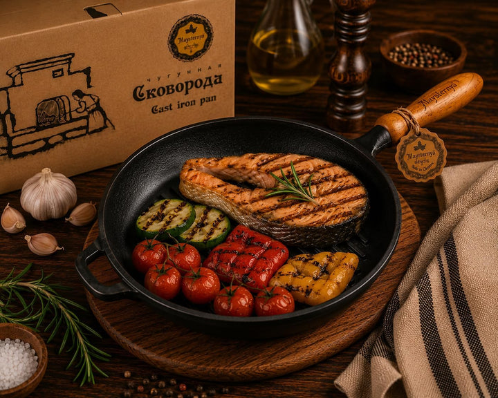 WDMT Maysternya™ Grillpfanne Gusseisen mit Holzgriff - ø 24 x 4 cm - Gusseisenpfanne für alle Herdar