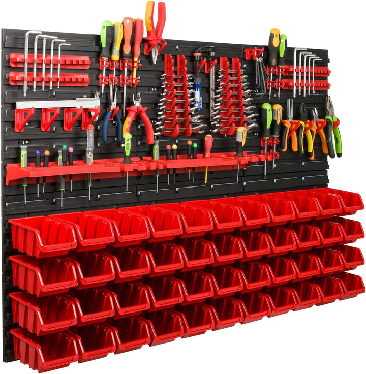 Lagersystem Werkstattregal | 117 x 78 cm | 44 stck. Box | Wandregal mit Werkzeughalterungen und Stap