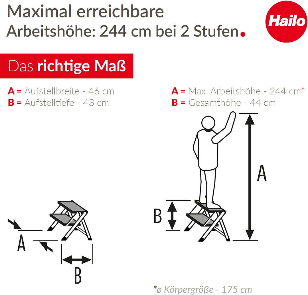 Hailo MK80 ComfortLine Alu-Klapptritt-Leiter - 2 grosse Stufen bis 150 kg - Komfort-Trittleiter mit