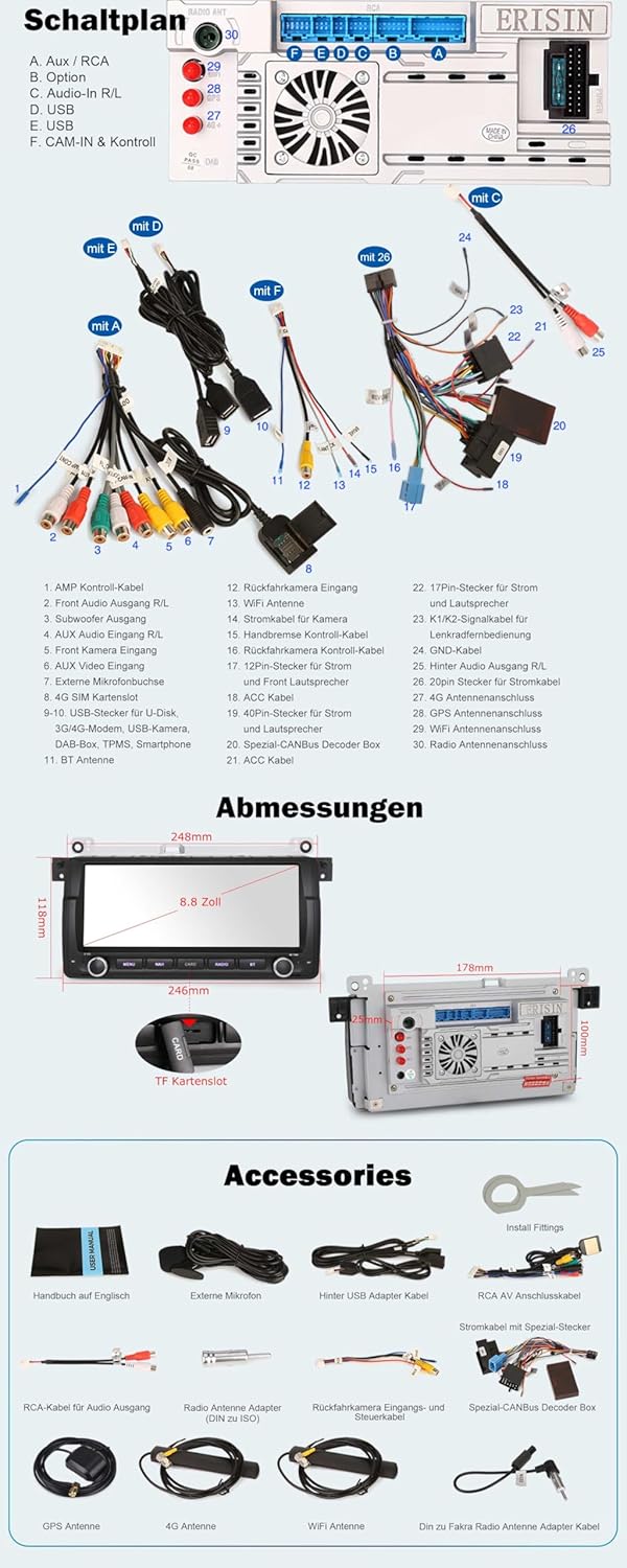 ERISIN 8-Kern 4GB+64GB 8,8 Zoll Android 16 Autoradio Bluetooth GPS Navigation für BMW 3er E46 318 32
