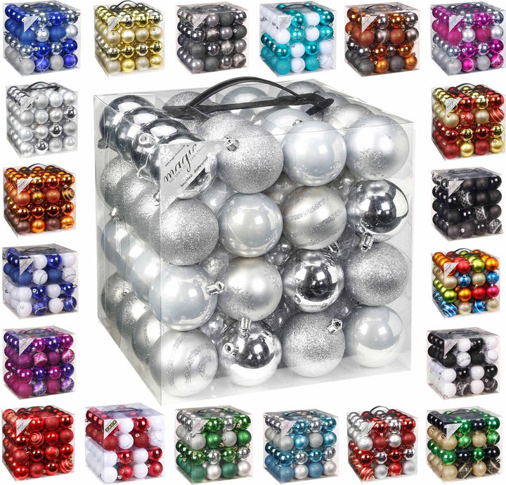 64x Kunststoff Christbaumkugeln 6cm Kugel Box Glanz Glitzer Matt Dekor Inge Glas, Farbe:Silber Silve