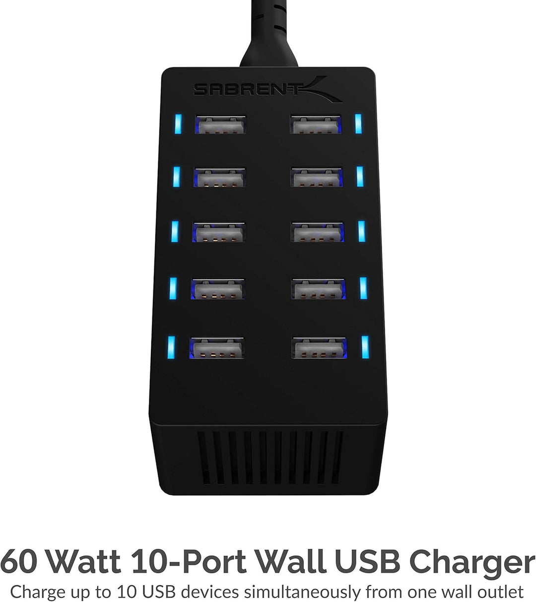 SABRENT USB Ladegerät, 60Watt 10ports USB-Schnellladegerät Ladestation Mehrfach, mit Netzteil, Lades