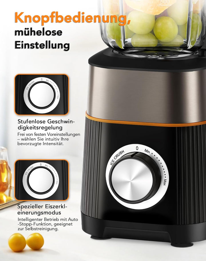 1000W Standmixer, Mixer, Glas 2-1 Mixer Smoothie Maker mit 1,5L Glaskrug und 600ml Reisebecher, Stuf