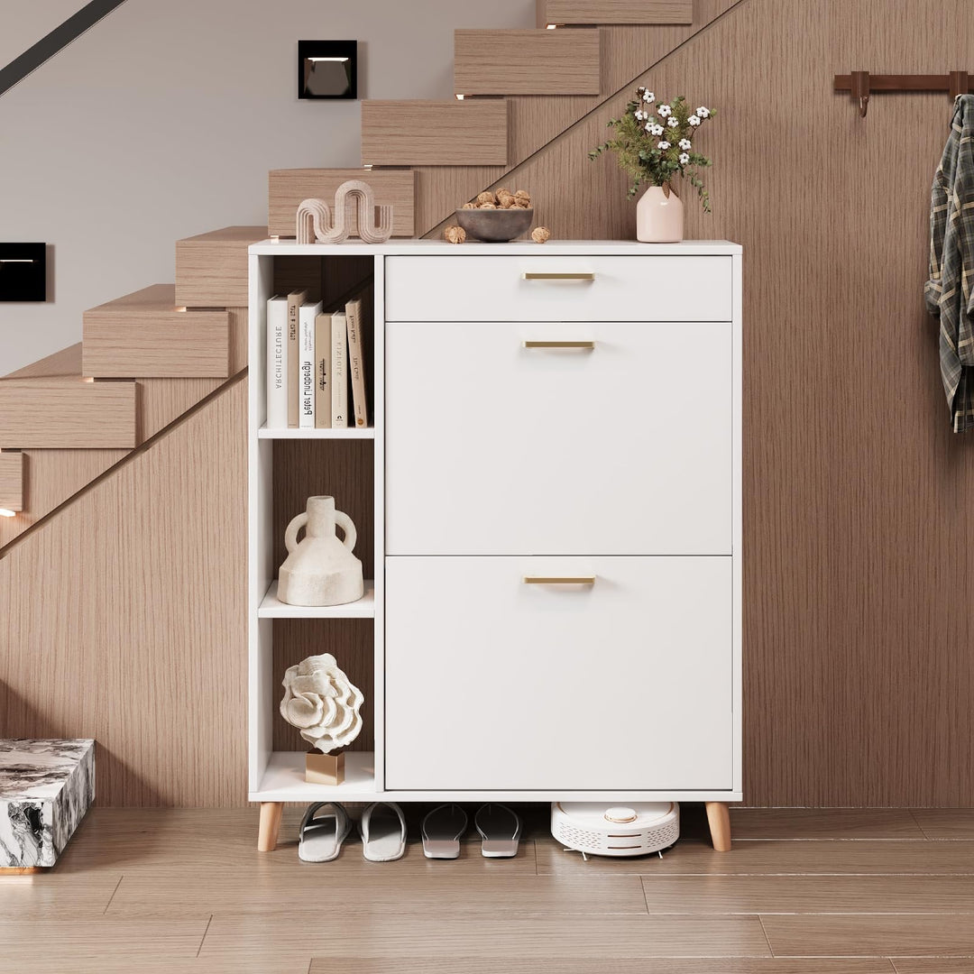 Schuhschrank mit 2 Klappen Schmal Schuhschrank mit 2 Flip-Schuhregal 1 Schublade und 3 Ablagefächer