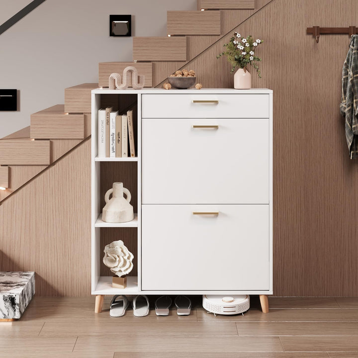 Schuhschrank mit 2 Klappen Schmal Schuhschrank mit 2 Flip-Schuhregal 1 Schublade und 3 Ablagefächer