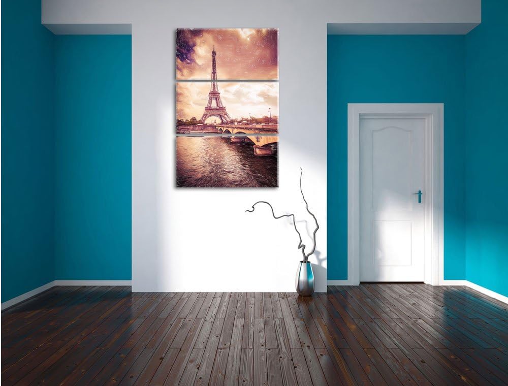 Pixxprint Eiffelturm in Paris / 3-Teilig/Gesamtmass 120cm Leinwandbild bespannt auf Holzrahmen/Wandb