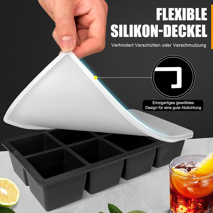 Walfos grosse Eiswürfelform silikon, 2 Pack 8-fach Silikon Eiswürfelbehälter mit Deckel,BPA-frei und