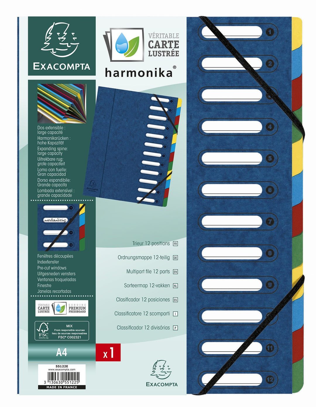 Exacompta 55122E Packung mit 6 Ordnungsmappen (Harmonika, DIN A4, 21 x 29,7 cm, 12 Fächer, aus Manil