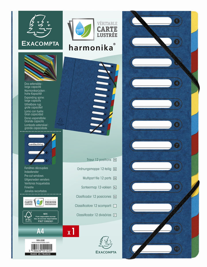 Exacompta 55122E Packung mit 6 Ordnungsmappen (Harmonika, DIN A4, 21 x 29,7 cm, 12 Fächer, aus Manil