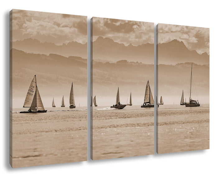 deyoli Meer voller Segelboote Format: 3Teilig als Leinwand, Effekt: Sepia, Motiv fertig gerahmt auf