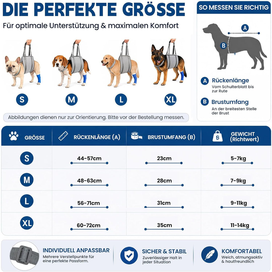 LUCKY LUCY Hundegeschirr mit Griff, Verstellbare Hunde-Tragehilfe für Hinterbeine &amp; Nacken-Stütze, M